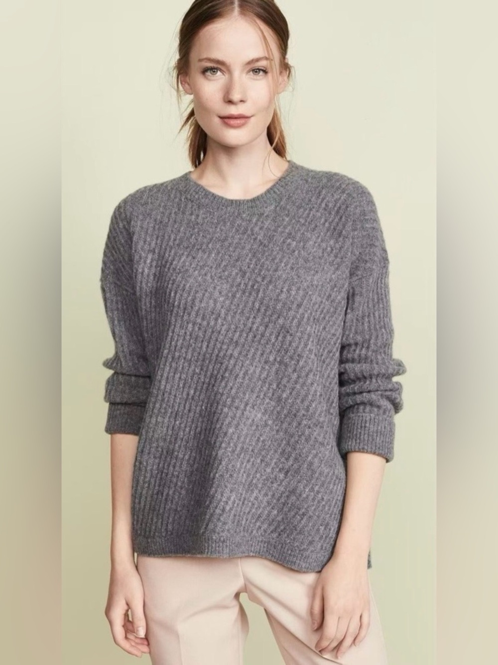 Vince Side-Slit Ribbed Wool Sweater In Gray Size M